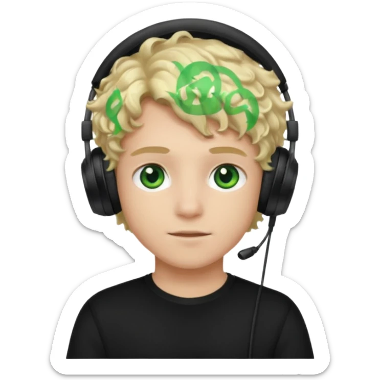 curly blonde haired boy with green eyes, wearing a black top and black gaming headphones sticker