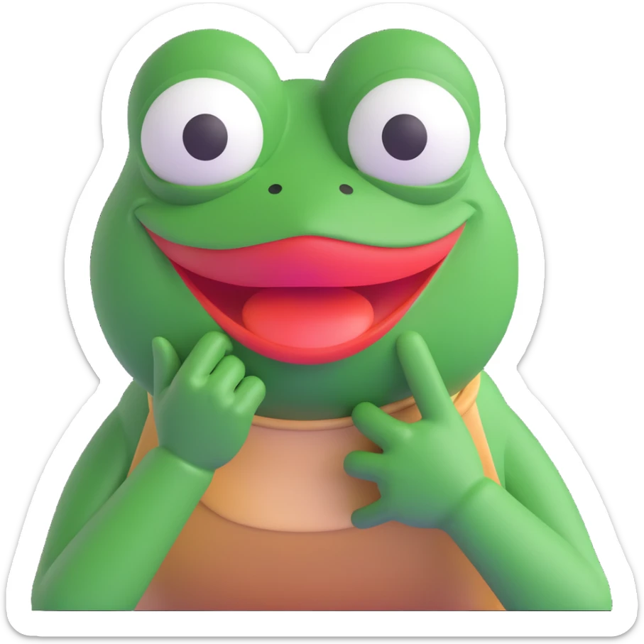 Pepe the Frog in a 3D emoji style, hand over mouth, eyes squinting, about to burst out laughing, with a speech bubble 'bus garso'. Playful style like reference, no hat, cigar, drink, or bottle. Variant 4. sticker