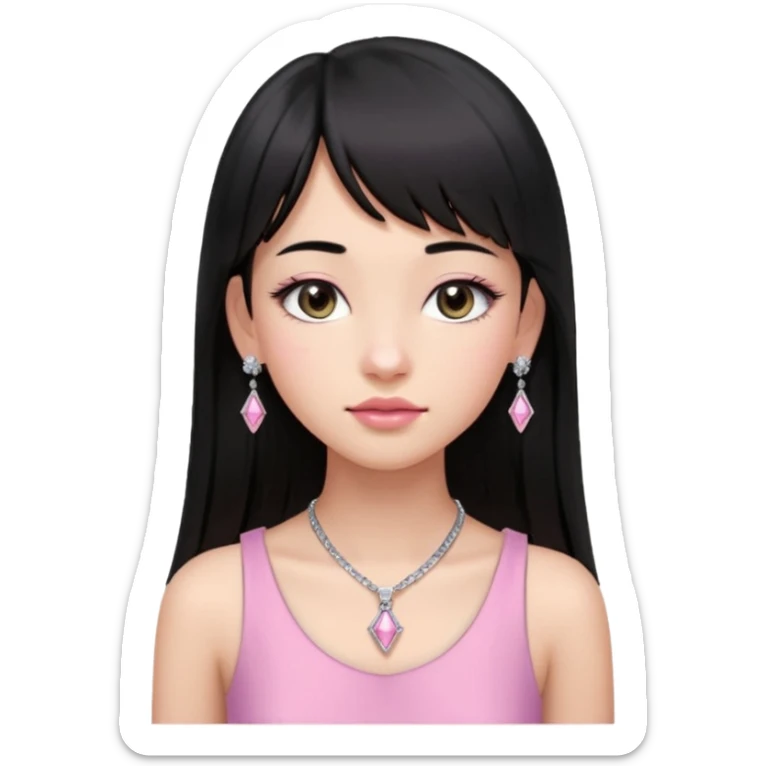 Cabelos pretos longos lisos ,com franja curvada  na altura do queixo .olhos pretos puxadinho para cima. Cílios longos curvados. Pele clara ,nariz pequeno ,lábios carnudos ,adolescente 16 anos ,vestido rosa de alça, colar pequeno prata ,brinco de diamante pequeno  sticker
