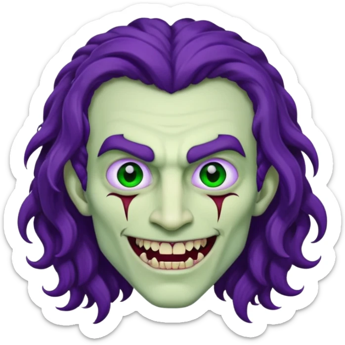 Vampire, long curly hair, male, fanged teeth, stitches with one side of face green and the other side purple, sticker