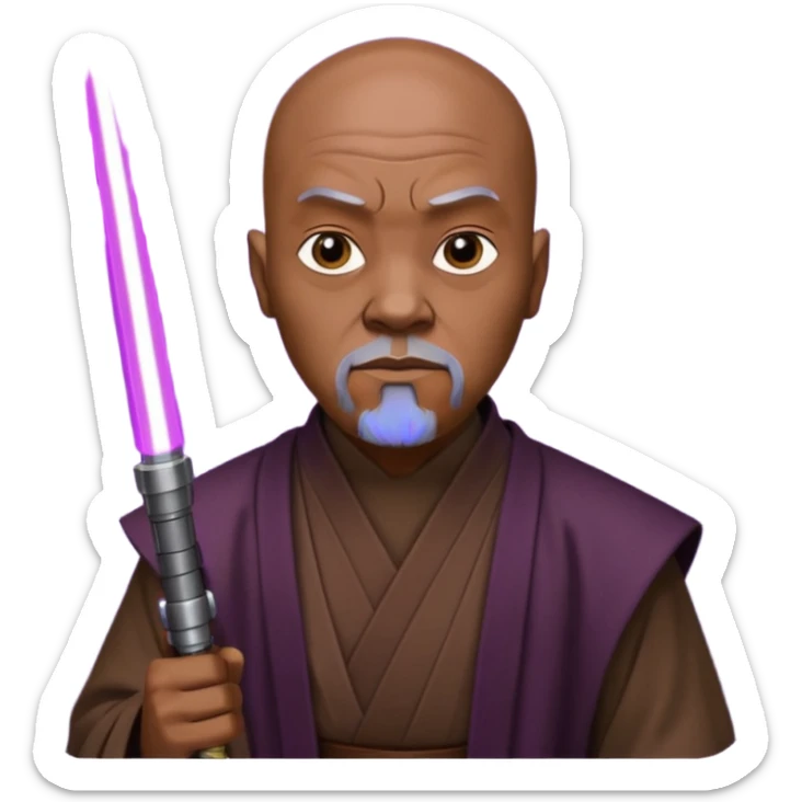 star wars master windu bald head, no facial hair, brown jedi outfit with purple lightsaber sticker