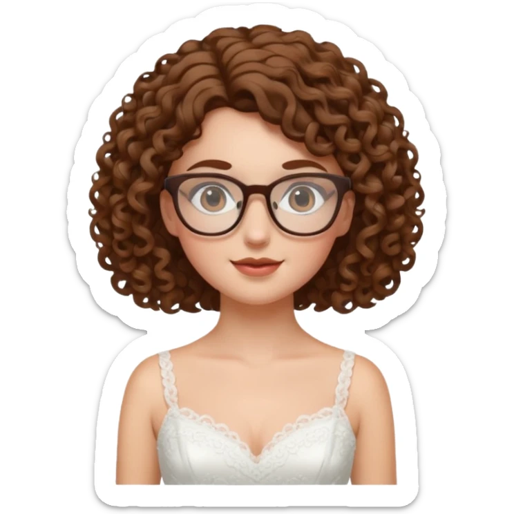 Chica blanca, pelo rizado y castaño,gafas, vestido novia corto, cuerpo entero sticker