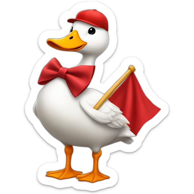 White goose wearing a red baseball cap and, bow tie on neck, holding big red flag, whole body sticker
