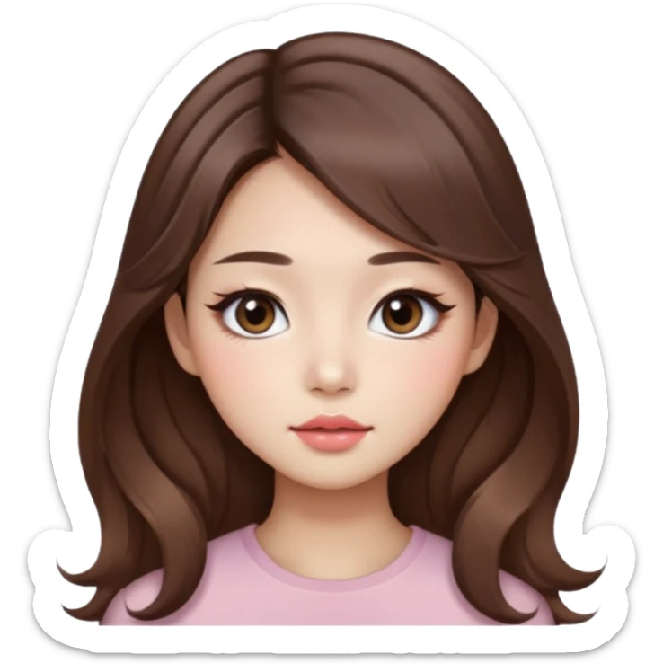 “korean straight brown hair Emoji girl, soft eyeliner and blush, gradient lips, light brown shimmer eyeshadow, long wavy hair,  sticker