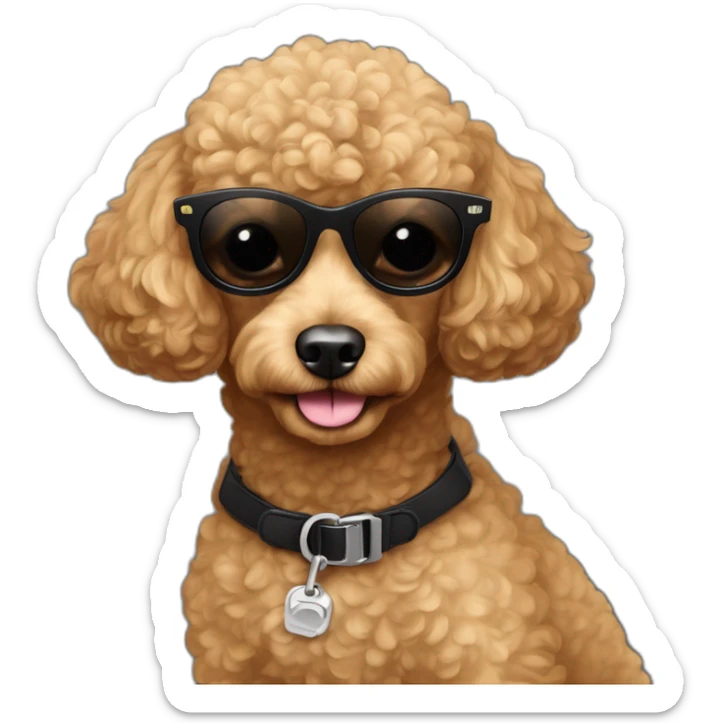 The muzzle of the little toy poodle is carmel-colored in black sunglasses , name Valli on the neck sticker