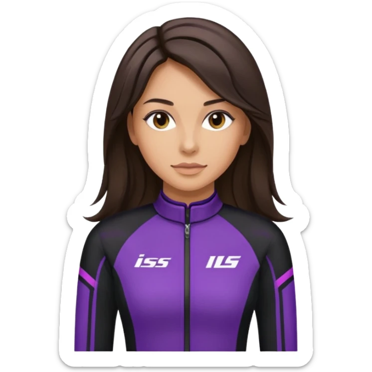 brunette long hair woman with black racing outfit with single purple strips sticker