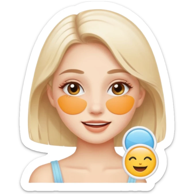 An aesthetic girl with a clean face and delicate shades advertises a sticker pack cosmetics with emotions of joy sticker