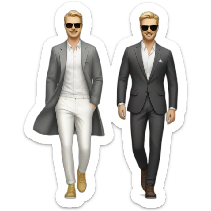 White Men models walking in a fashion walk way showing of their cloths sticker