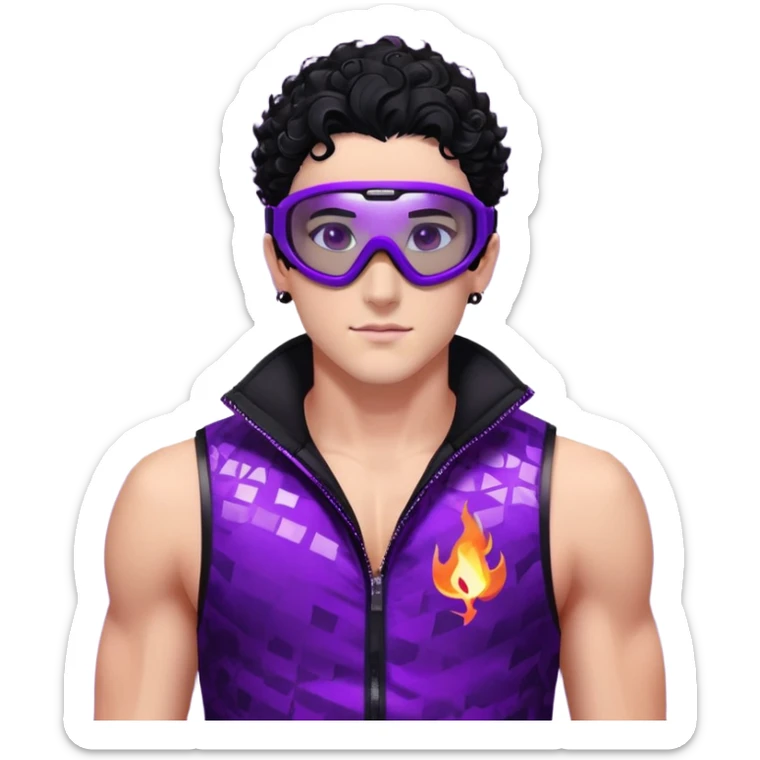 male athlete with white skin and moderately curly black hair on top with shaved sides, wearing ski goggles with purple frames and very dark black lenses, a simple plain black chain necklace, and a completely unzipped sleeveless vest with purple and black sequin fire pattern design, fully revealing his chest, shoulders and arms, no earrings sticker
