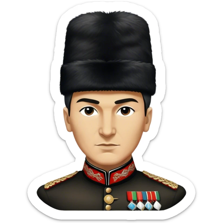 ​Cinematic Realistic Portrait of a Young Mustafa Kemal Atatürk, depicted wearing an iconic tall black fur hat along with traditional attire, his confident, visionary expression illuminated by warm, inspiring lighting, rendered with rich historical textures that capture his youthful dynamism and transformative leadership, sticker