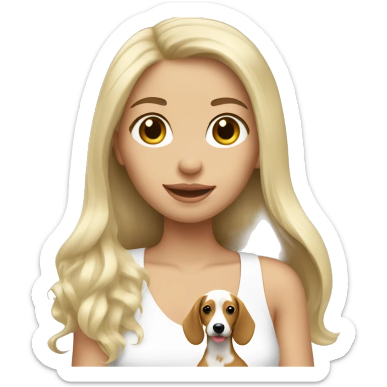White long hair brunette girl holding blonde doxie sticker