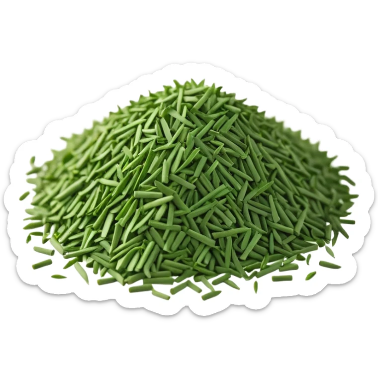 loose scatter of finely chopped dry green herb bits, short tubular shapes, crisp matte texture, uniform thin straight pieces, vibrant to muted green tones, evoking dried chive stalks, soft lighting, subtle shadows, emoji scale sticker