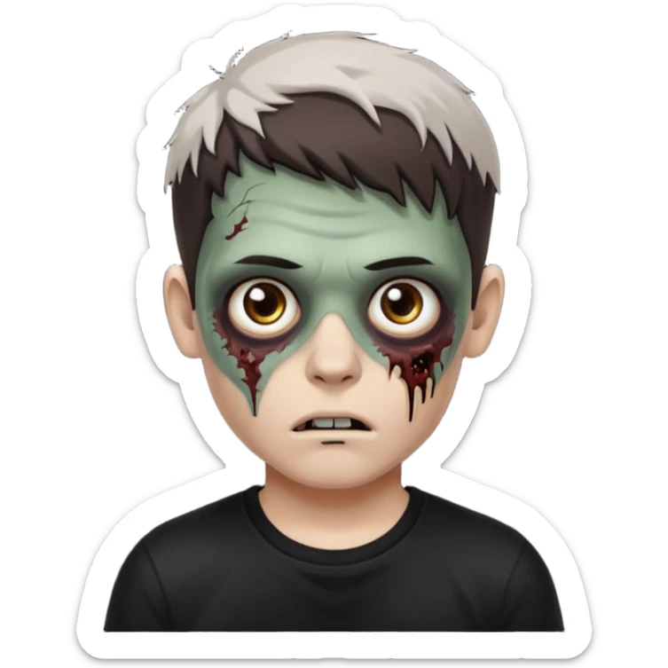 zombie white boy with dark brown edgar haircut and brown eyes (his skin is clear and white but with zombie scars) in black tee  sticker