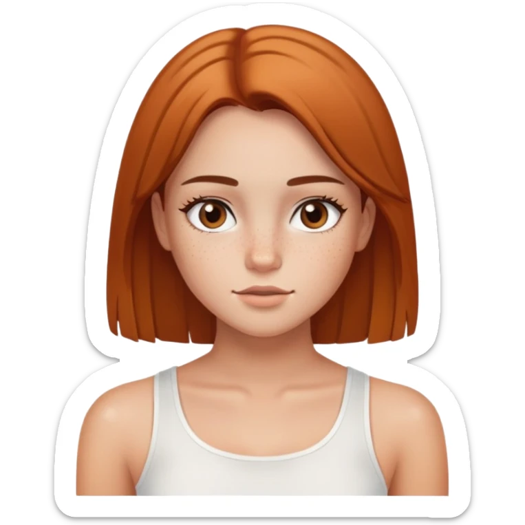 chica con pelo liso ojos marones i pecas con una camiseta blanca corta sticker