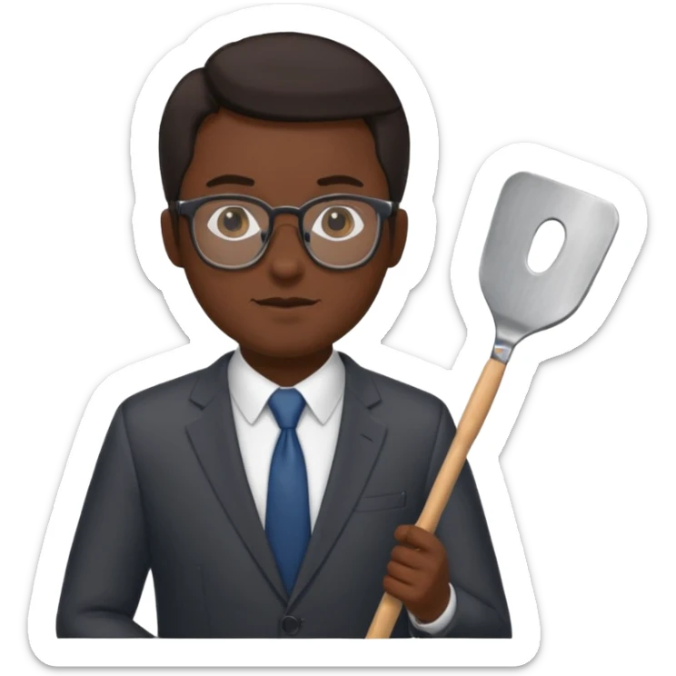 man with glasses dark hair wearing a suit and holding a spatula sticker