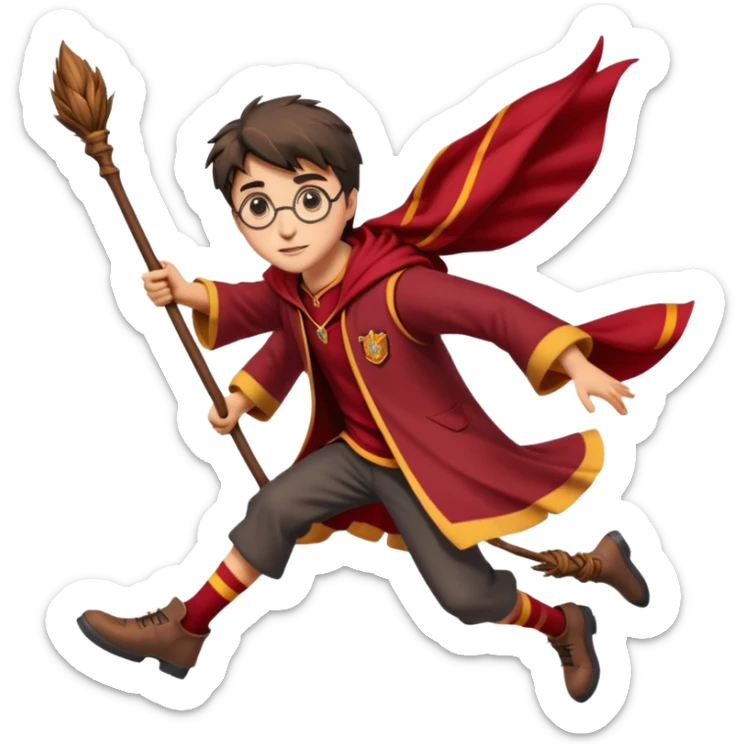 Cartoon-style illustration of Harry Potter flying on a broomstick, Gryffindor red and gold outfit, expressive face, dynamic motion, magical vibe, smooth shading, vibrant colors, no background, transparent background, isolated character. sticker