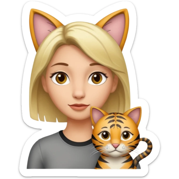 Une femme avec les cheveux dégradée, brun et blond, qui fait un câlin à son chat qui est gris, tigré avec les extrémités oreille patte et queue noir  sticker