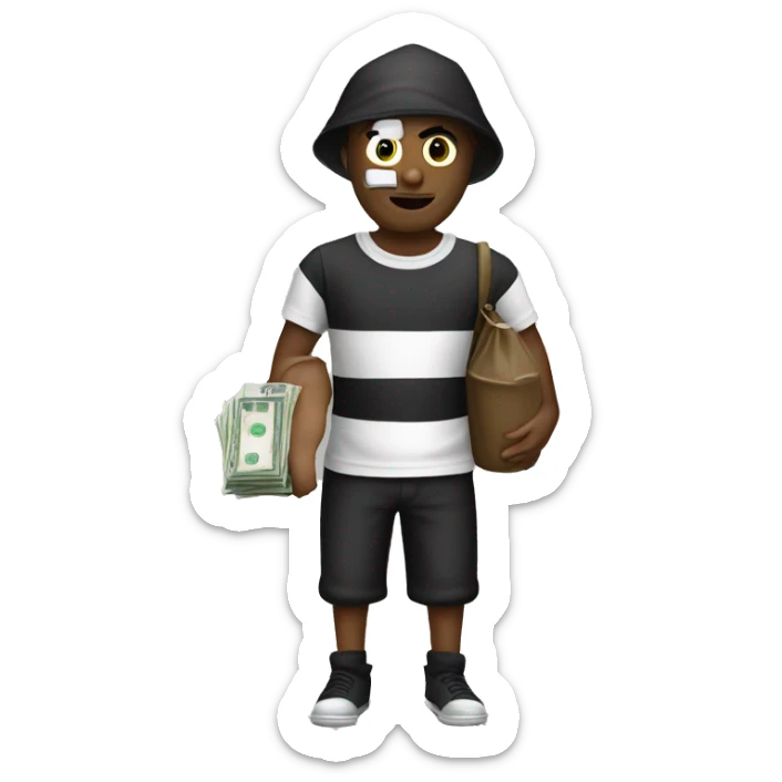 Robber wearing black and white T-shirt and holding bag of money sticker