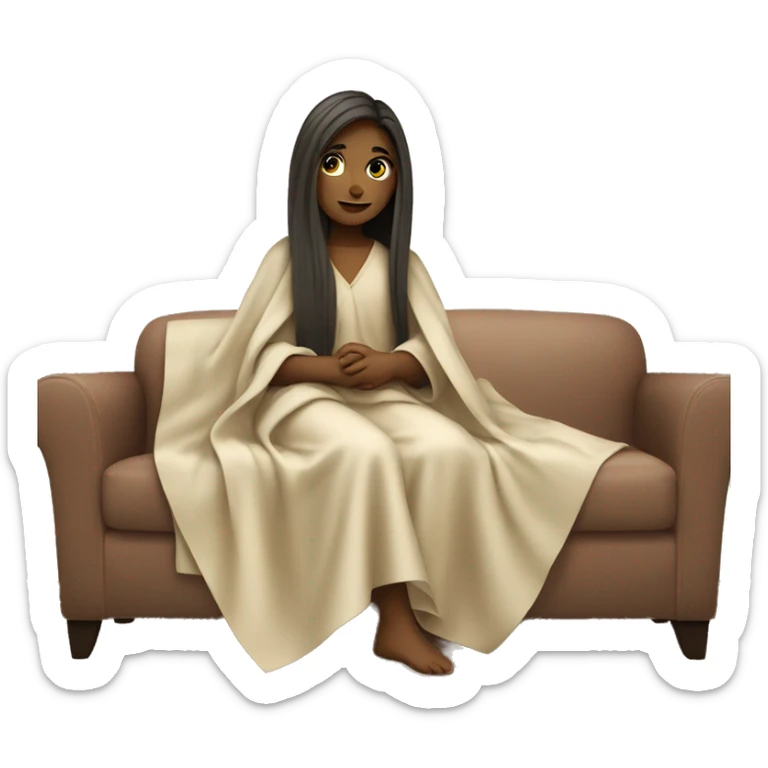 A young american women with long straight hair wearing blanket around her and sitting on sofa sticker