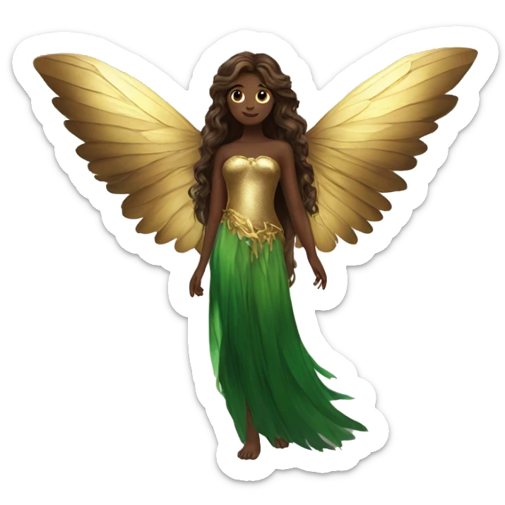 big wings, Beautiful, fairy, gold, brown, dark green, green, long hair sticker