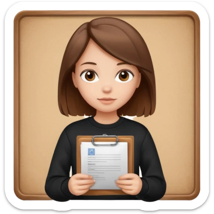 a girl with documents in her hands, in a black sweatshirt with brown hair with a square sticker