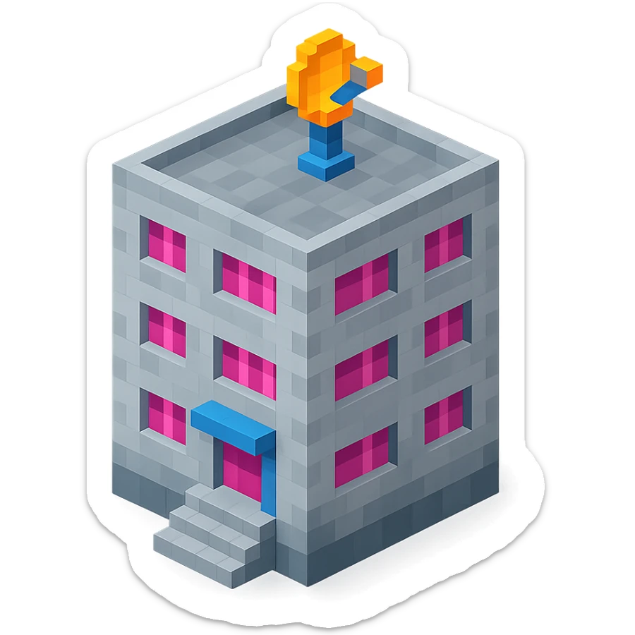 Russian panel apartment building, compact square block, light gray, pink windows, entrance with steps, satellite dish on rooftop, isometric view sticker