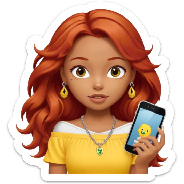 a pretty bratz girl with wavy red hair, wearing a yellow brazil jersey falling off her shoulder. silver dainty layered necklaces, carrying an iphone sticker