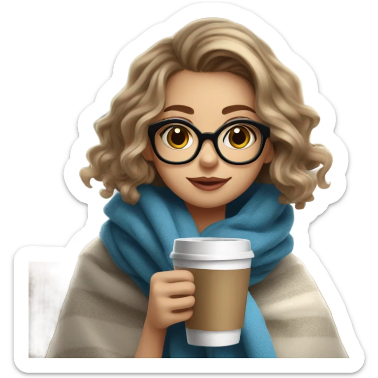 Balayage short hair Girl drinking coffee, with a cozy blanket wearing glasses with blue eyes beautiful  sticker