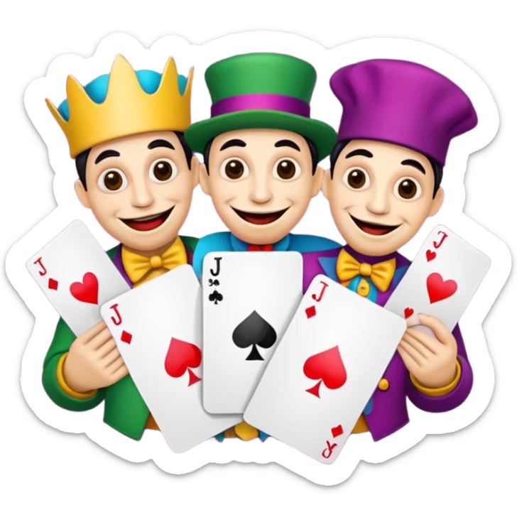 3 poker cards, with crazy colorful human jolly jokers inside, puppets in the hand sticker