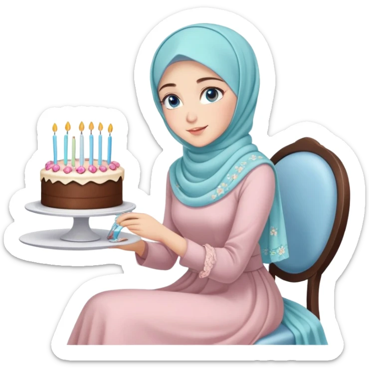 Turkish beautiful finish Konya girl blue eyes with pastel hijab long tail dress and sits on the chair and holds floral cake with her hand  sticker