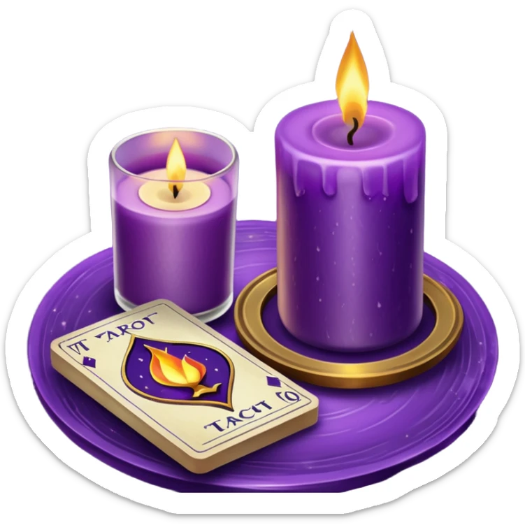 A purple deck of tarot cards and a one candle nearby sticker
