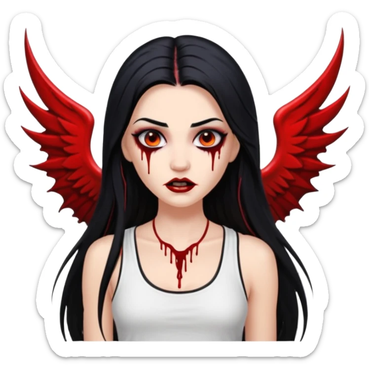 White woman with a white tank top long black hair glossy middle part long hair vamp look with fangs or blood dripping brown eyes eyeliner winged with lashes top and bottom sticker