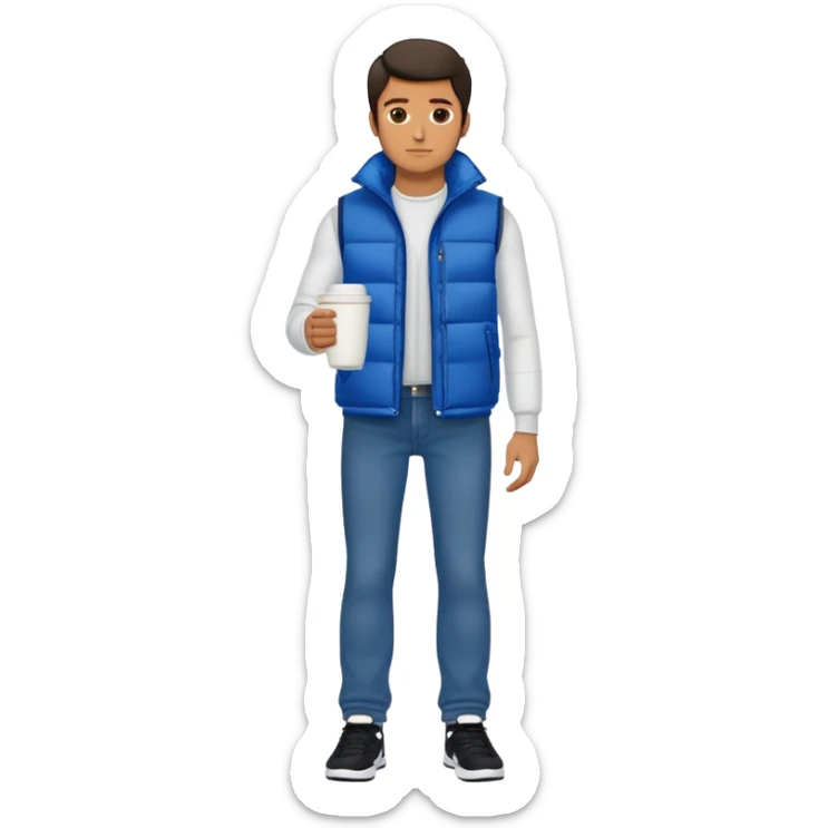 full body man with long sleeve white shirt with blue puffer winter vest with no pockets wearing straight long levi blue jeans with no cuffs and black tennis shoes holding a coffee mug in one hand in front of him and nothing in the other hand sticker