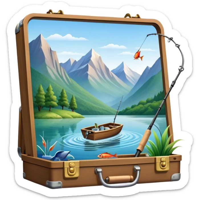 Icon for Fishing Travel: a boat on a calm lake surrounded by mountains and lush greenery, with fish jumping out of the water, a fishing rod, tackle box. The icon should capture the peaceful and adventurous nature of fishing trips. Transparent background. sticker