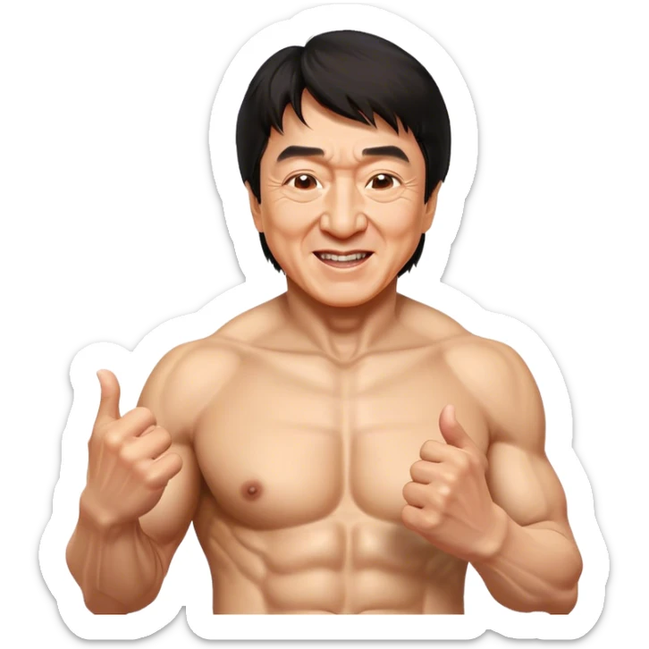 Cinematic Realistic Jackie Chan Pop Culture Emoji, depicted with playful agility and charismatic charm rendered with lifelike textures and vibrant, action‚Äêpacked lighting. sticker