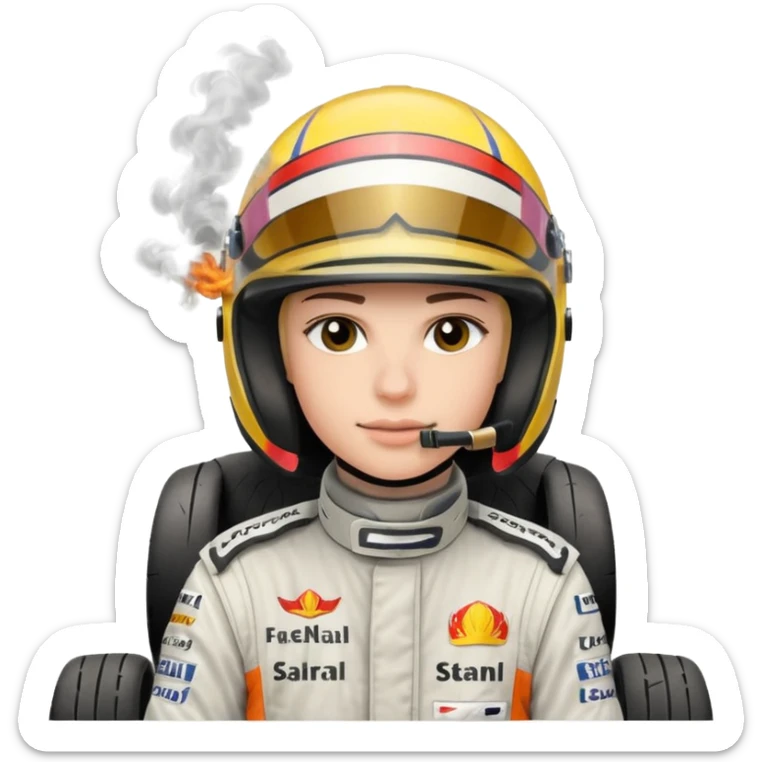 drifting car with tires smoke and a driver with a f1 helmet into the car sticker