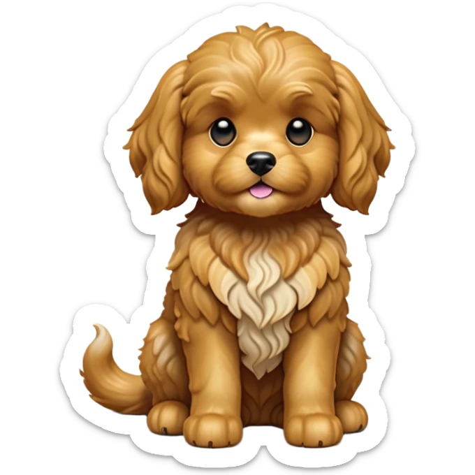 cinematic-[cavoodle dog]-realistic-full-body-sitting-emoji,-tail-resting-loosely-beside-its-paws,-head-tilted-dramatically,-wavy-[solid golden]-fur,-simplified-yet-realistic-focused-features,-highly-detailed,-glowing-with-an-almost-sarcastic-glow sticker