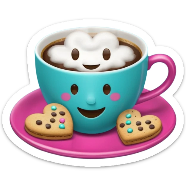 cup of coffee, steaming, the smoke should come out in the shape of a heart, the color of the cup is fuchsia, the cup has a happy face printed on it, the cup rests on a turquoise blue plate, and there are cookies and sugar cubes around the cup. sticker