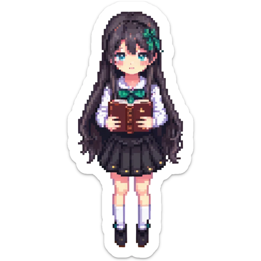 Japanese anime schoolgirl with long hair holding a book in pixel art style sticker
