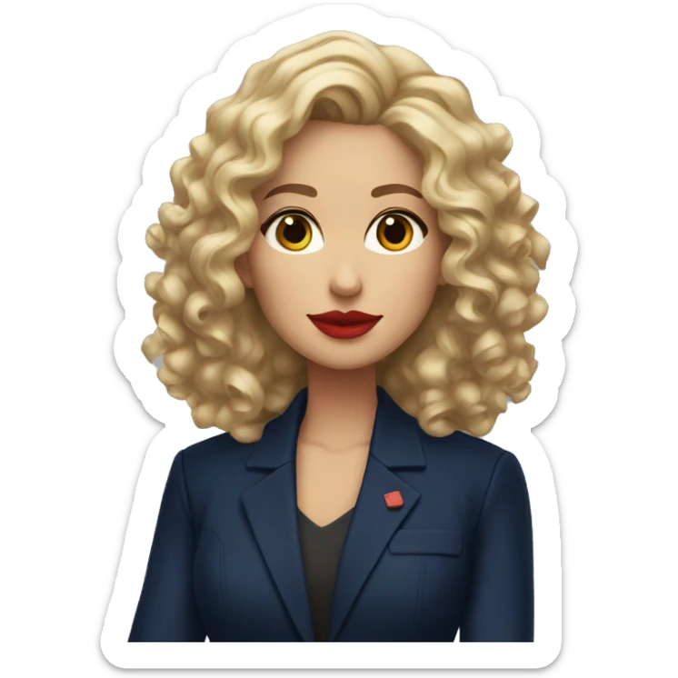 Professional woman with curly blond hair and red lipstick with a navy jacket sticker