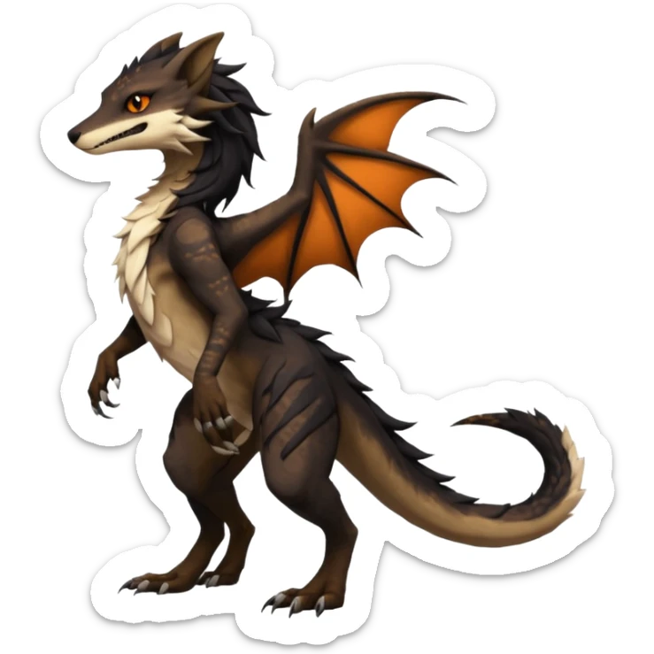 Brown and beige badass elegant wild beautiful natural cute badass epic exotic anthro modern furry 2-legged sergal-vernid-Salandit-creature, full body, dark-brown-black-gradient pretty hair, with a long tufted tail, beautiful hazel-orange eyes, aesthetic, art by LiLaiRa, art by art by Falvie sticker