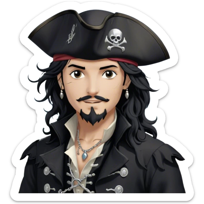 A charismatic pirate with wavy black hair tousled by the sea breeze. His black tricorn hat, embroidered with silver, casts a shadow over his confident features. Dark eyes glint with mischief as he gazes to the side, a knowing smile on his lips. His fitted black coat, adorned with silver buttons. A silver chain dangles from his belt sticker