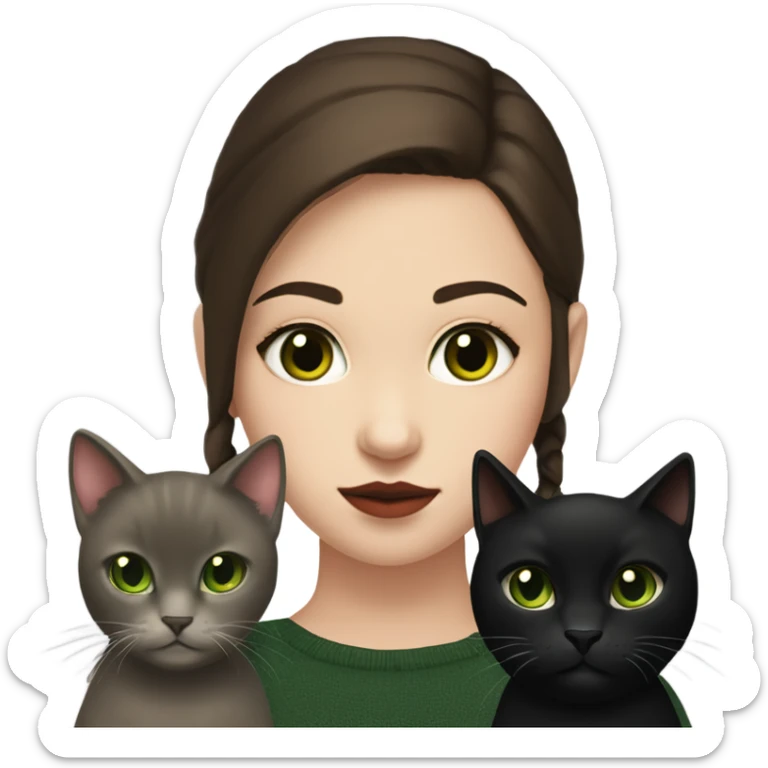 A teenage girl with white skin, she have some green hazel eyes, red lipstick, mid long straight dark brown hair, she have an eyeliner and she is holding a black cat in her arms, view from close sticker