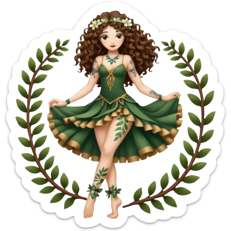 full body woman long curly brown hair brown eyes white skin tattoos forest nymph dancer pose, petal ribbons around legs sticker