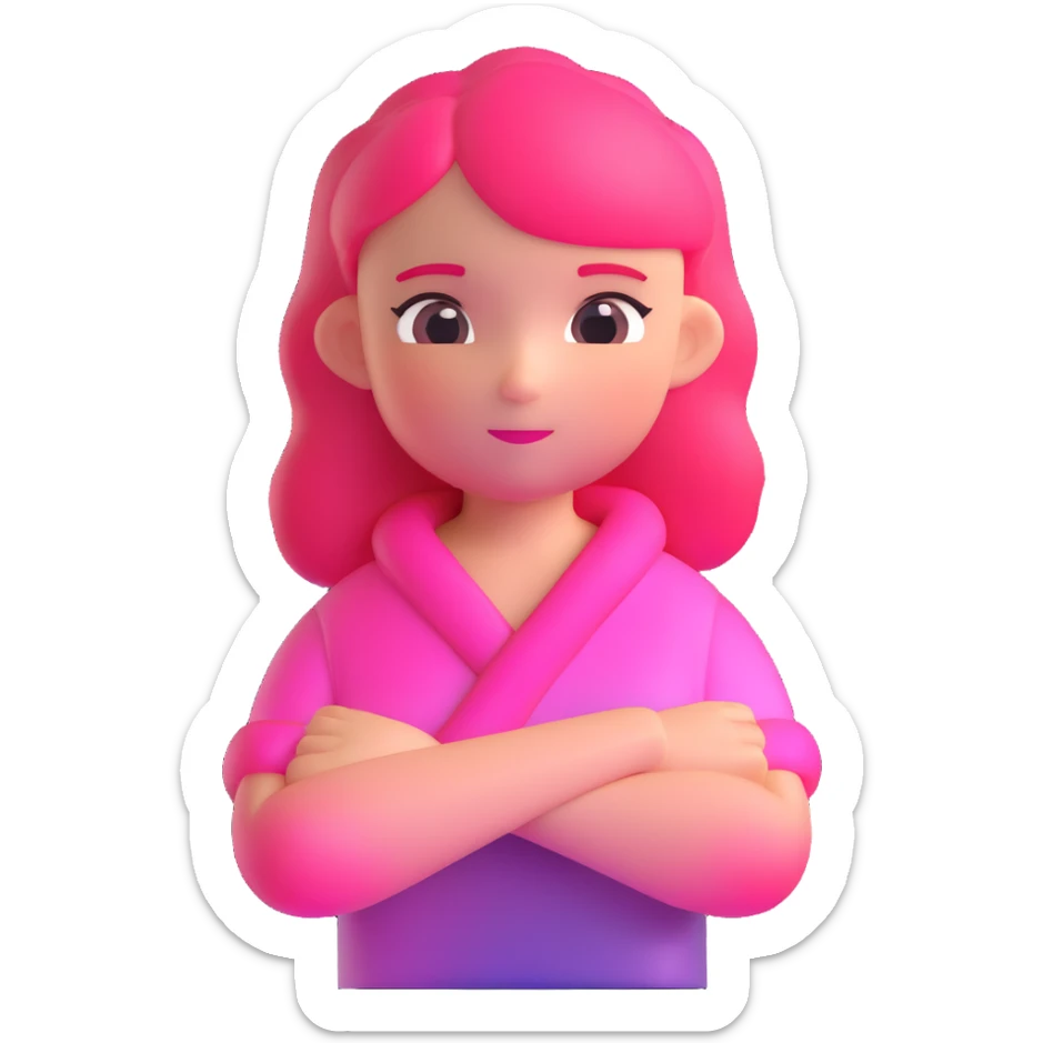 Shy girl character with arms crossed, transparent glass style, bright pink gradient, soft shadows and highlights, minimalist cute design sticker