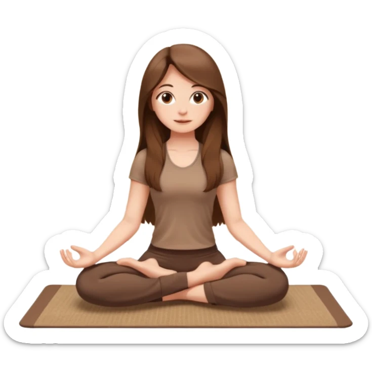 Brown long hair, white skin European girl sitting on a beige rug doing yoga, brown clothes sticker