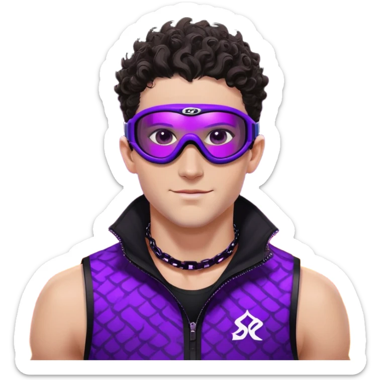 close-up of male athlete with white skin and moderately curly dark brown hair on top with shaved sides, wearing ski goggles with purple frames and very dark black lenses, a simple plain black chain necklace, and a completely unzipped sleeveless vest with purple and black sequin fire pattern design with no logo, with an arrogant smug smirk on his face, looking confident and cocky sticker