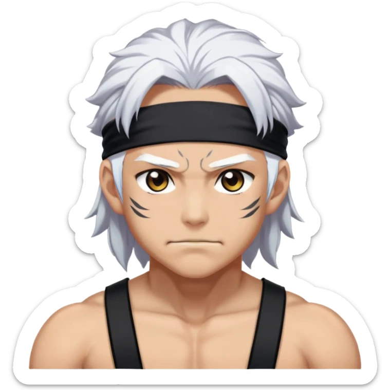 Tengen Uzui with a smirk, Sound Hashira from Demon Slayer, white hair, headband, muscular sticker