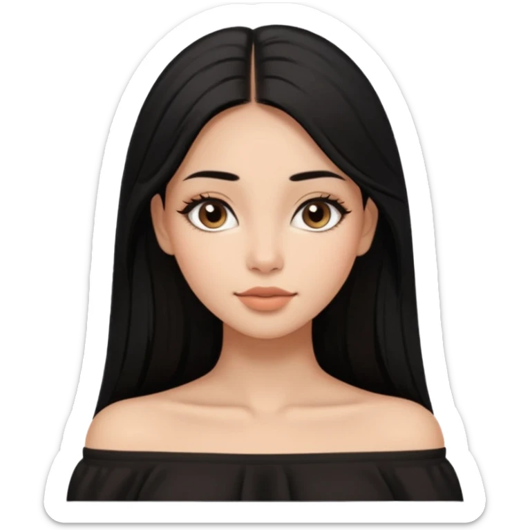 A realistic 3D avatar of a young woman with a soft oval face, slim cheeks, natural almond eyes, long straight black hair, minimal makeup, wearing a black off-shoulder top, elegant and aesthetic, brown skintone, add nosepin at left side.  sticker