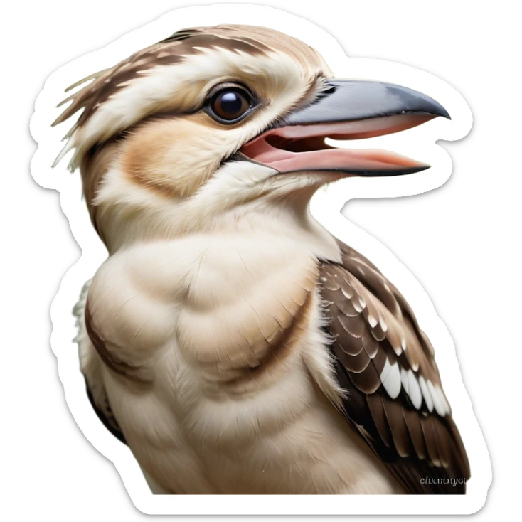 Cinematic Cute Yawning Kookaburra Portrait Emoji, Head tilted slightly with a dramatic, wide-open yawn, showcasing a soft, downy brown plumage with gently drooping wings and a relaxed beak, round eyes barely open in drowsy contentment, Simplified yet irresistibly adorable features, highly detailed, glowing with a soft, cozy glow, high shine, relaxed yet expressive, stylized with a touch of bushland charm, bright and endearing, soft glowing outline, capturing the essence of a sleepy yet affectionate kookaburra, so drowsy it feels like it could flutter out of the screen and curl up for a nap! sticker